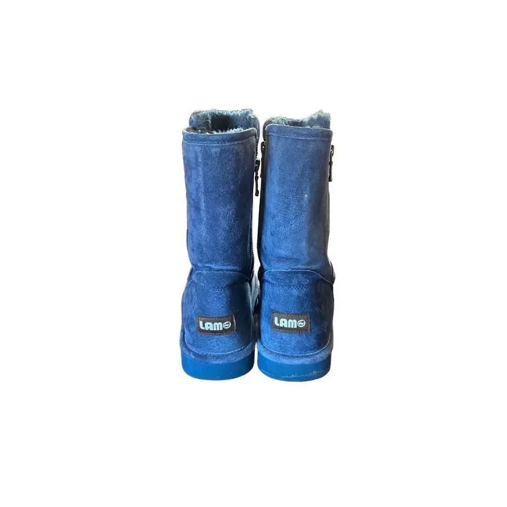 Lamo blue suede double zip calf length boots faux fur size 8